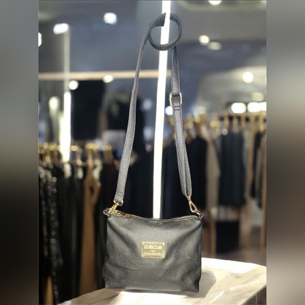 Elegant Black Leather Bebe Crossbody Purse